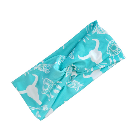 H060  Teal Steer Cowboy Western  "No Slip, Stay in Place" Headband