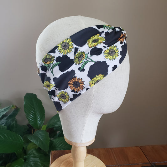 H164 Cow Print with Sunflowers Headband