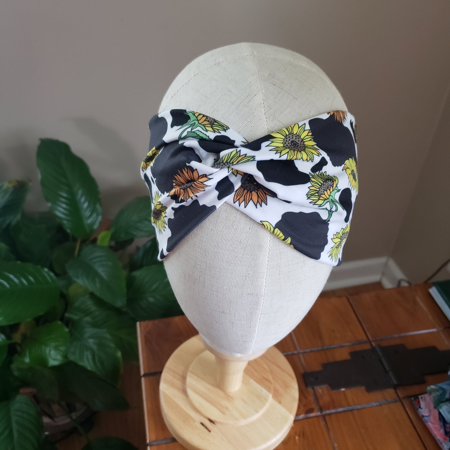 H164 Cow Print with Sunflowers Headband