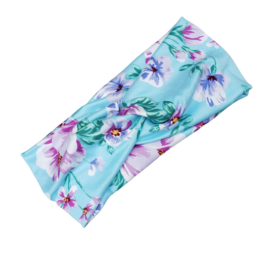 H015  Hawaiian Flowers in Pinks & Purple on a Blue background Headband