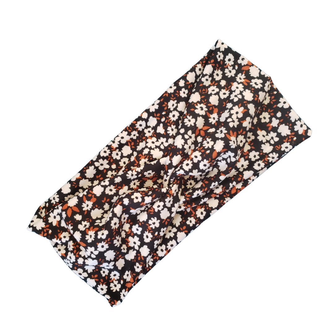 H026  Black, Rust & White Flowers "No Slip, Stay in Place" Headband