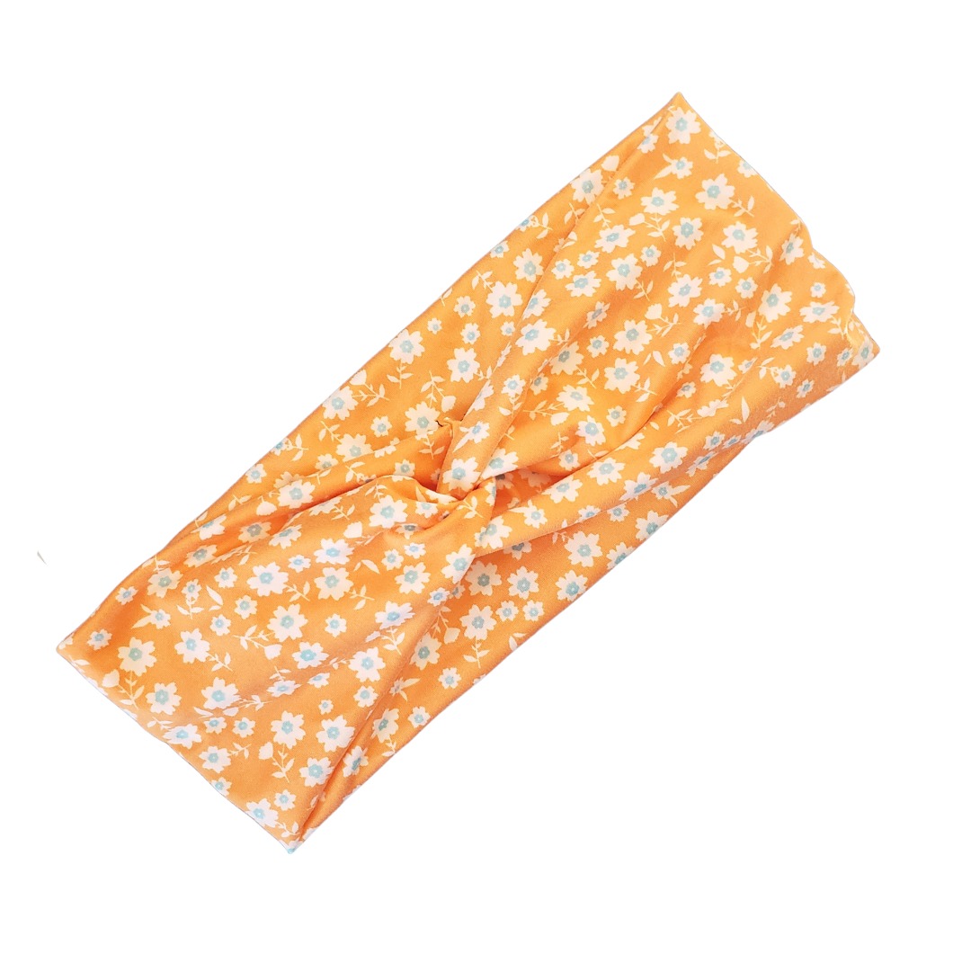 H038  Light Orange with White Flowers "No Slip, Stay in Place" Headband