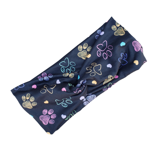 H027  Dog Paw Print Blue, Yellow & Pink "stay in Place" Headband