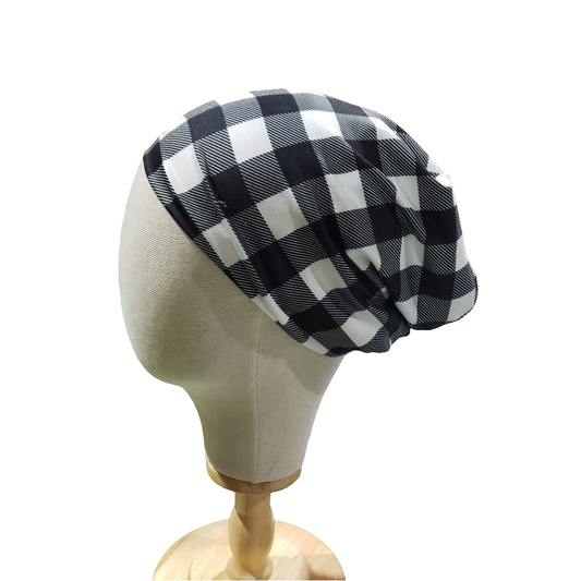 H219  Black White Plaid Turbans, Nurse's Caps, Fitted Beanie, Slouchy Hat or Cancer Cap