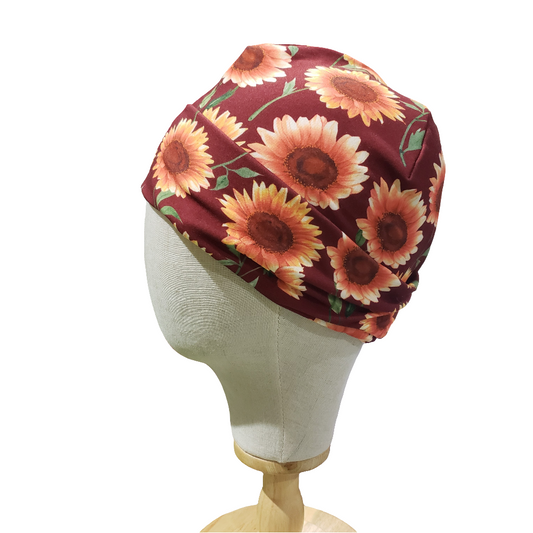 H126Rust Sunflowers Daisies Turbans, Nurse's Caps, Fitted Beanie, Slouchy Hat or Cancer Cap