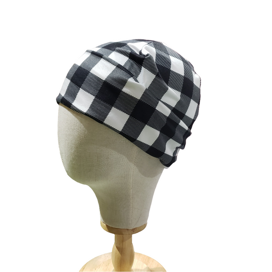 H219  Black White Plaid Turbans, Nurse's Caps, Fitted Beanie, Slouchy Hat or Cancer Cap