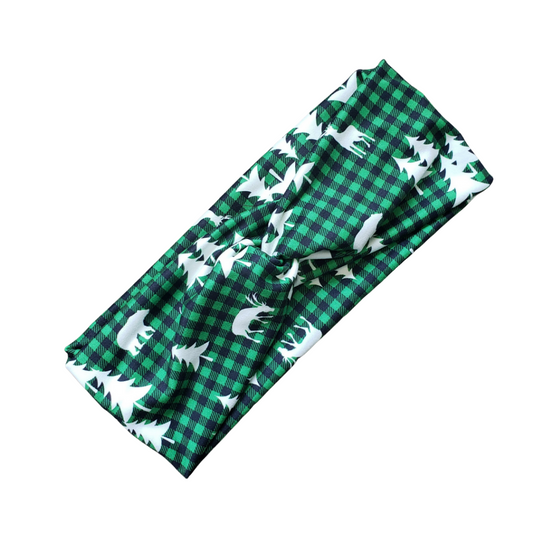 H047  Green Black Plaid Christmas Tree and Deer Headband